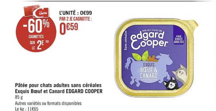 pâtée pour chats adultes sans céréales exquis bœuf et canard edgard cooper