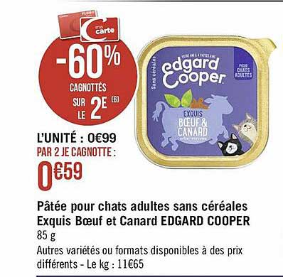 pâtée pour chats adultes sans céréales exquis bœuf et canard edgard cooper