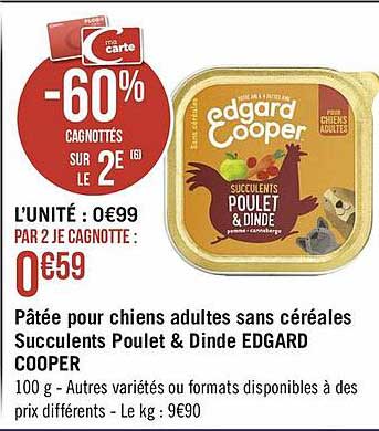 pâtée pour chiens adultes sans céréales succulents poulet & dinde edgard cooper
