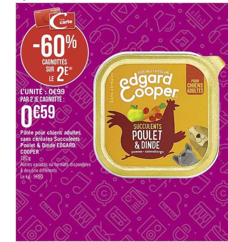 pâtée pour chiens adultes sans cérélases succulents poulet & dinde edgard cooper