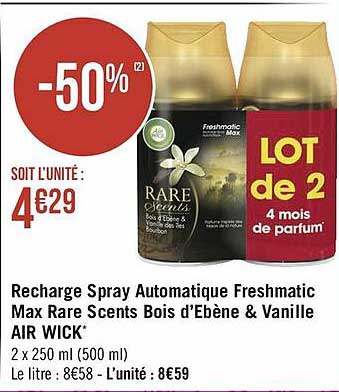 recharge spray automatique freshmatic max rare scents bois d'ébène & vanille air wick
