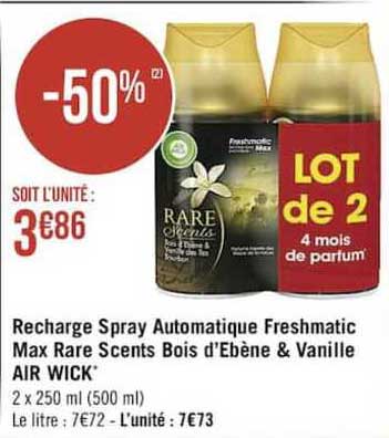 recharge spray automatique freshmatic max rare scents bois d'ebène & vanille air wick