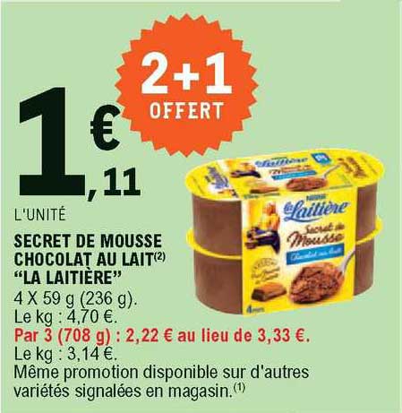 Secret De Mousse Chocolat Au Lait "la Laitière" 2+1 Offert