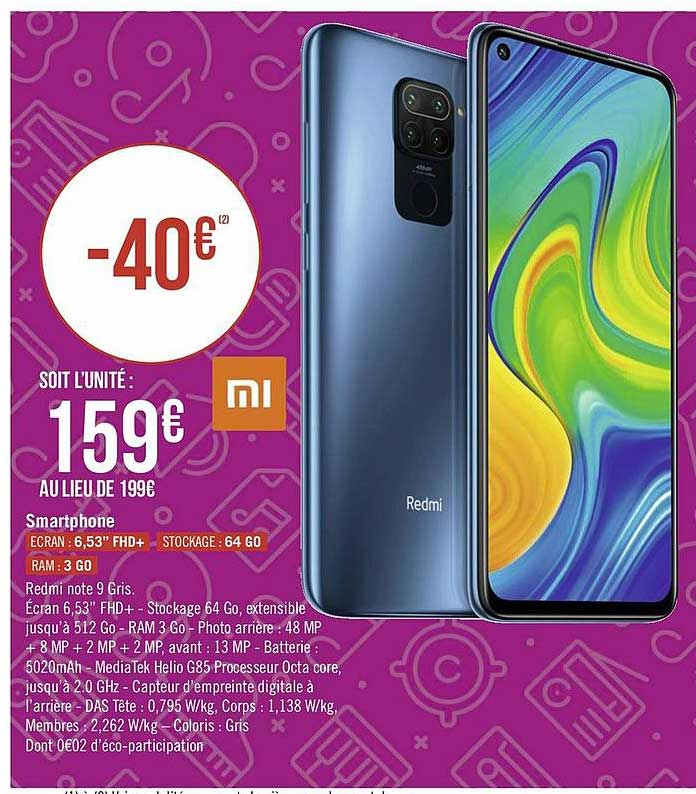 Smartphone Redmi Note 9 Gris Xiaomi