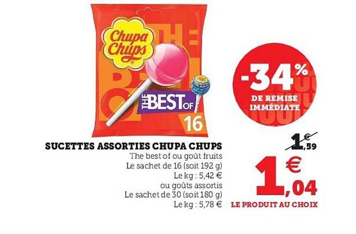 sucettes assorties chupa chups -34% de remise immédiate