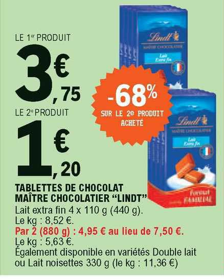 tablettes de chocolat maître chocolatier "lindt" -68% sur le 2e produit acheté