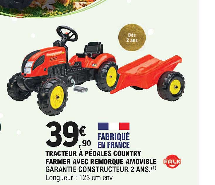 tracteur à pédales country farmer avec remorque amovible