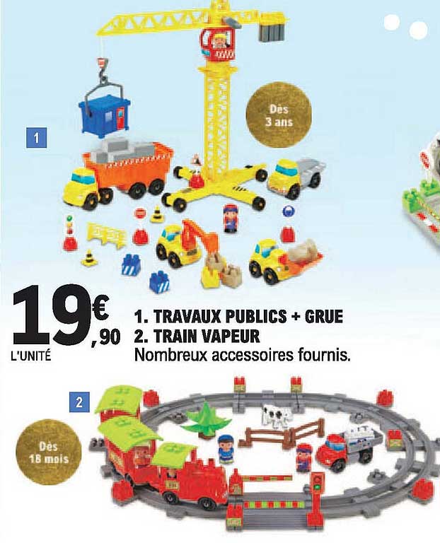 travaux publics + grue, train vapeur
