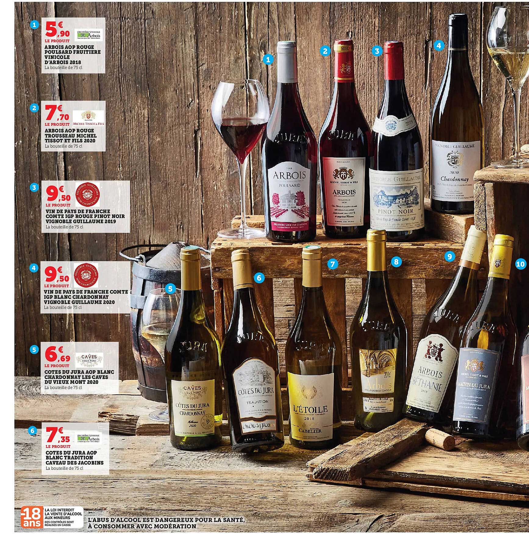 arbois aop rouge poulsard fruitière vinicole d'arbois 2018, arbois aop rouge trousseau michel tissot et fils 2020, vin de pays de franche comté igp rouge pinot noir vignoble guillaume 2019