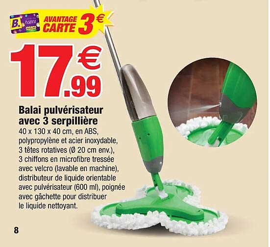 balai pulvérisateur avec 3 serpillière