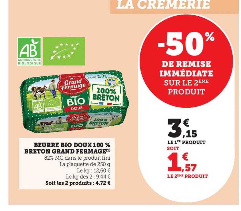 beurre bio doux 100% breton grand fermage