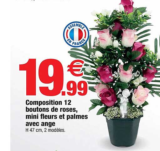 composition 12 boutons de roses, mini fleurs et palmes avec ange