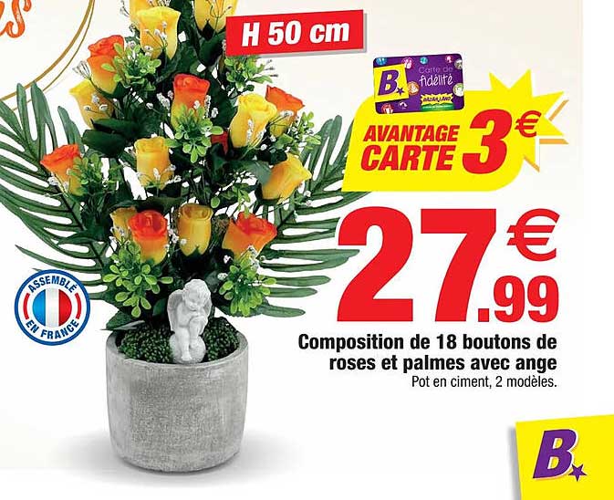 composition de 18 boutons de roses et palmes avec ange