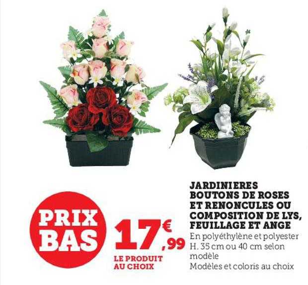 jardinières boutons de roses et renoncules ou composition de lys, feuillage et ange