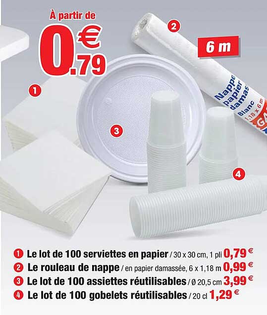 Le Lot De 100 Serviettes En Papier, Le Rouleau De Nappe, Le Lot De 100 Assiettes Réutilisables, Le Lot De 100 Gobelets Réutilisables