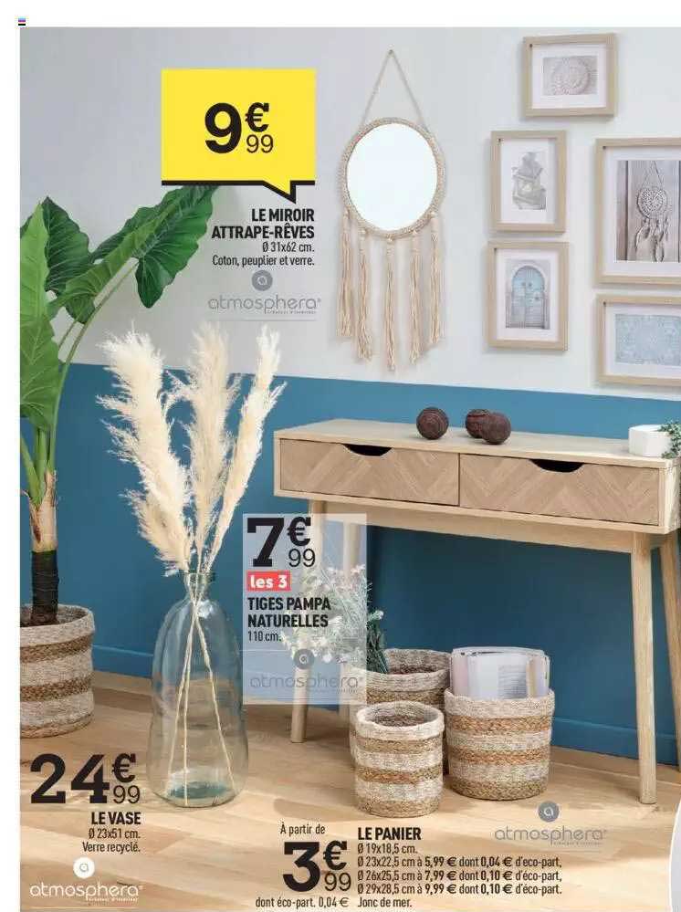 le miroir attrape-rêves, tiges pampa naturelles, le panier, le vase