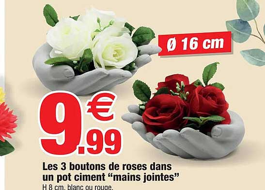 les 3 boutons de roses dans un pot ciment "mains jointes"