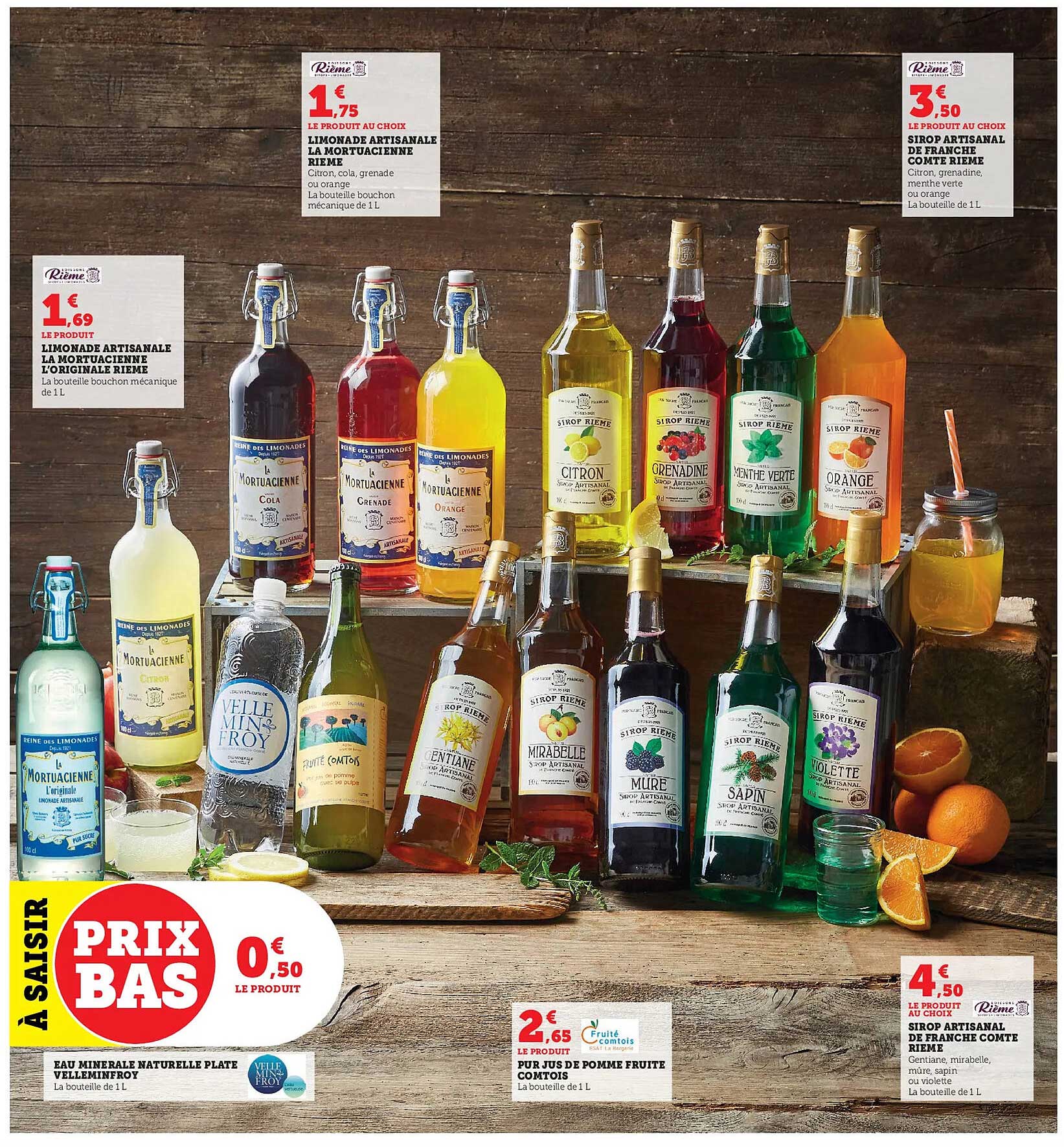 limonade artisanale la mortuacienne rieme, sirop artisanal de franche comté rieme, limonade artisanale la mortuacienne l'originale rieme, eau minérale naturelle plate velleminfroy, pur jus de pomme