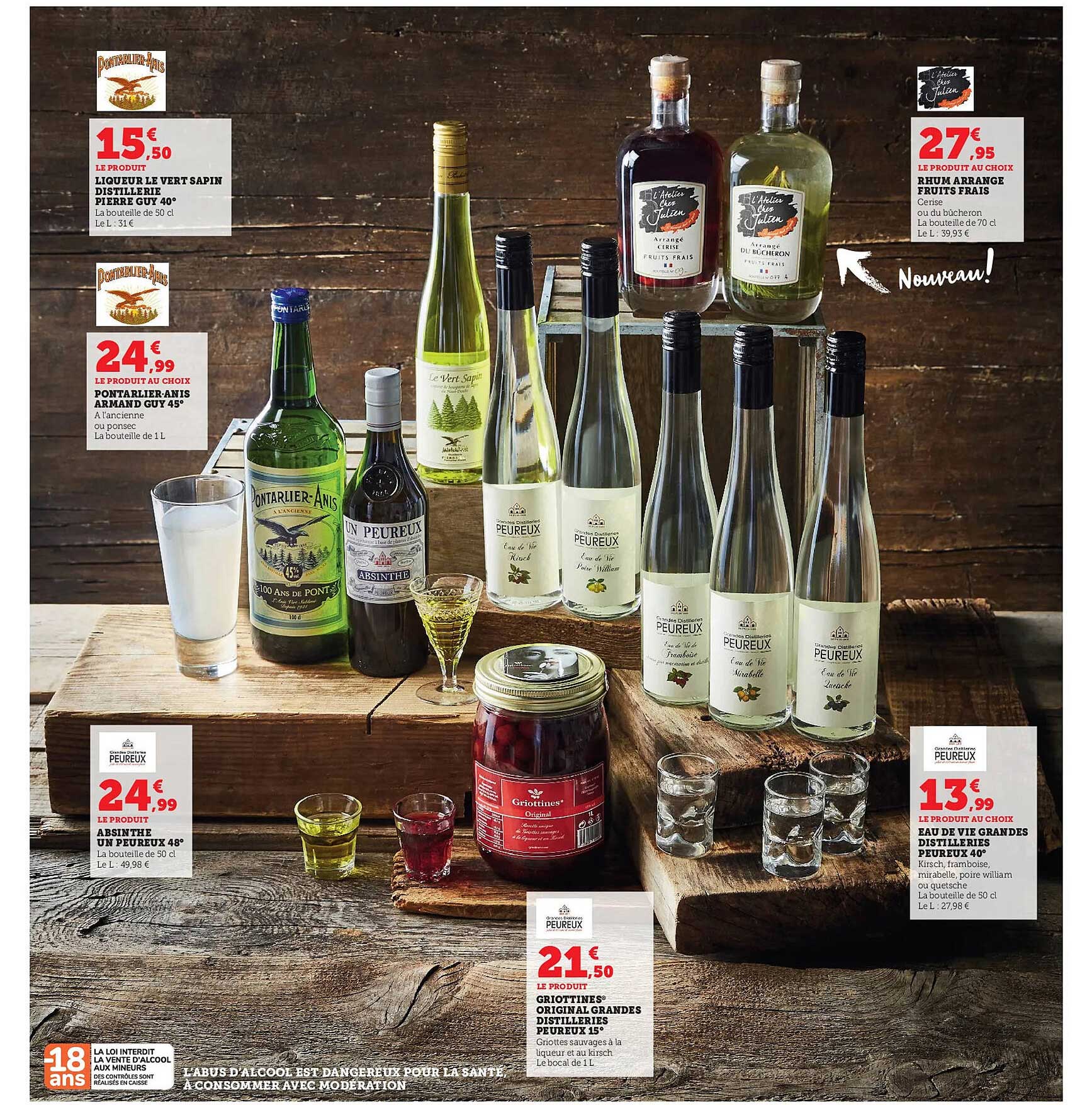 liqueur de vert sapin distillerie pierre guy 40°, pontarlier-anis armand guy 45°, rhum arrangé fruits frais, eau de vie grandes distilleries peureux 40°, griottines original grandes distilleries