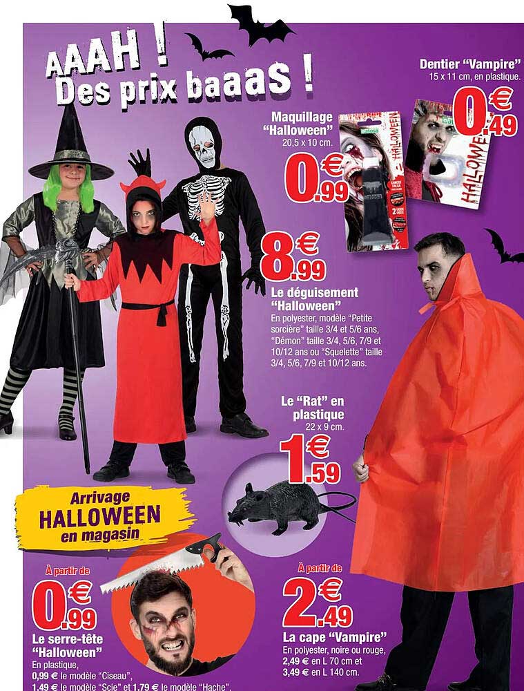 maquillage "halloween", dentier "vampire", le daguisement "halloween", le "rat" en plastique, la cape "vampire", le serr-tête "halloween"