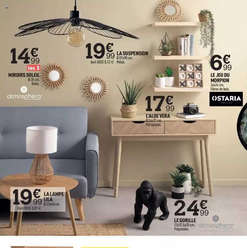 miroirs soleil, la lampe lila, la suspension, l'aloé vera, le jeu du morpion, le gorille