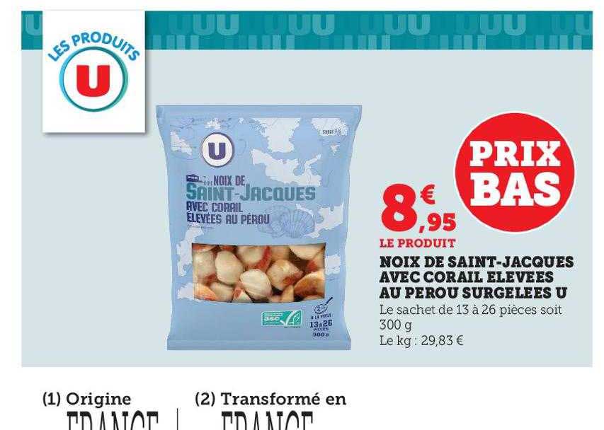 noix de saint-jacques avec corail élevées au pérou surgelées u