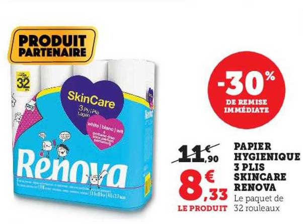 papier hygiénique 3 plis skincare renova