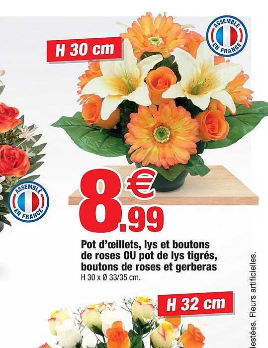 pot d'œillets, lys et boutons de roses ou pot de lys tigrés, boutons de roses et gerberas