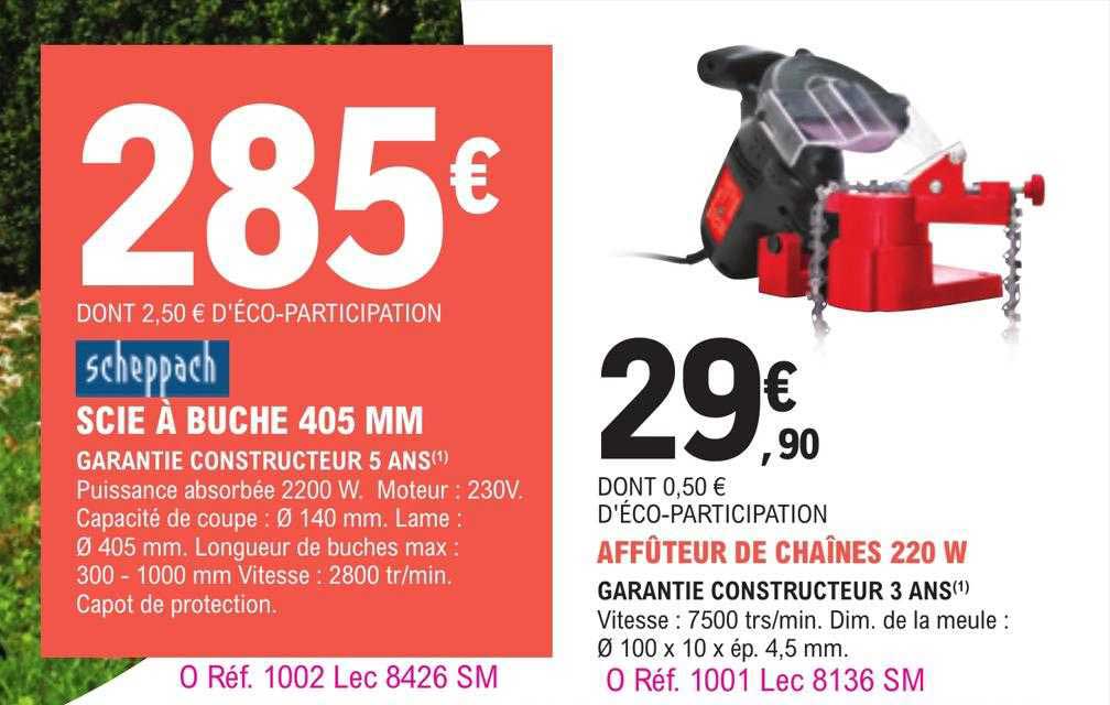 scie à bûche 405 mm scheppach, affûteur de chaînes 220w