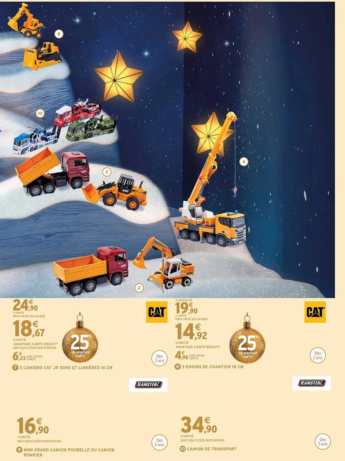 3 camions cat jr sons et lumières 14 cm, 3 engins de chantier 18 cm, mon grand camion poubelle ou camion pompier, camion de transport