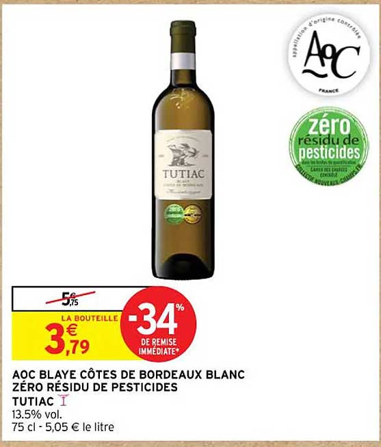 aoc blaye côtes de bordeaux blanc zéro résidu de pesticides tutiac