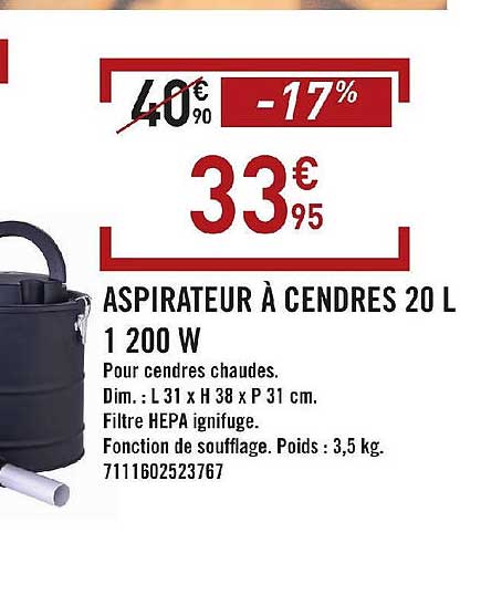 aspirateur à cendres 20 l 1200 w