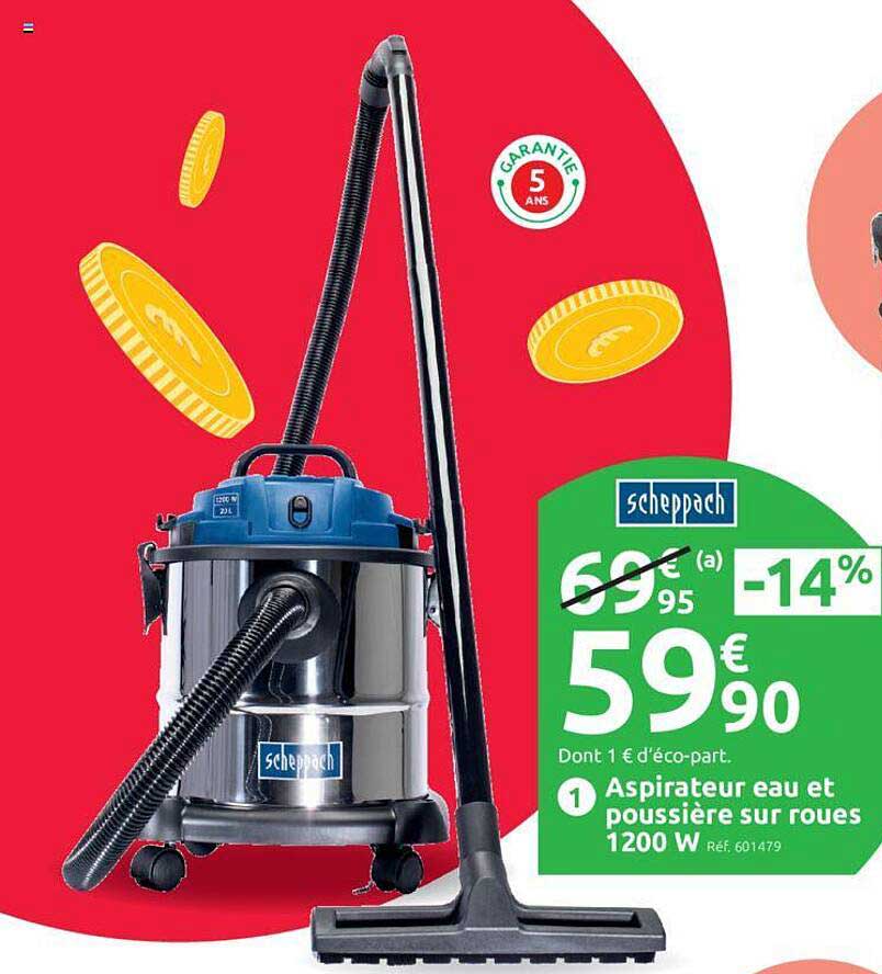 aspirateur eau de poussière sur roues 1200w