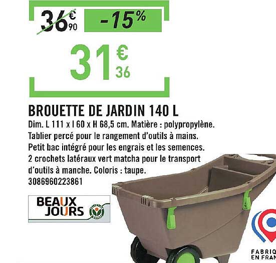 beaux jours brouette de jardin 140 l