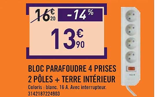 bloc parafoudre 4 prises 2 pôles + terre intérieur