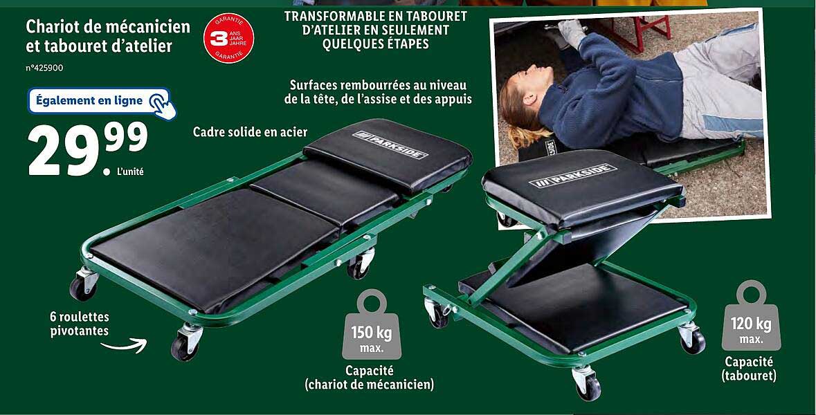 chariot de mécanicien et tabouret d'atelier