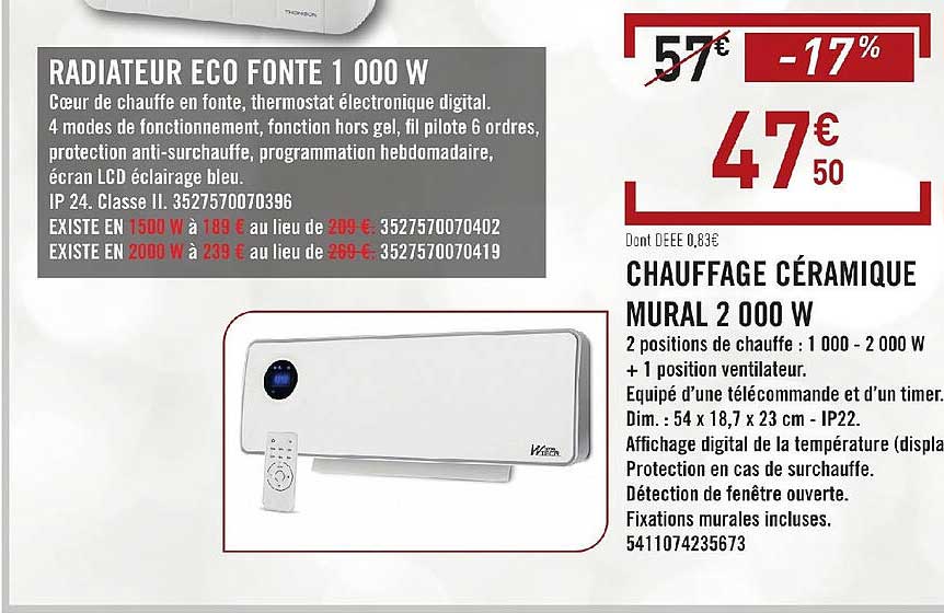 Chauffage Céramique Mural 2000 W