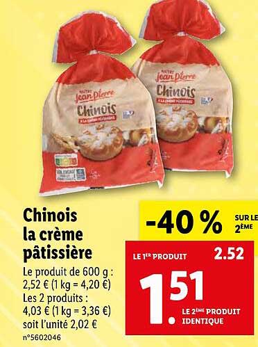 chinois la crème pâtissière -40% sur le 2ème