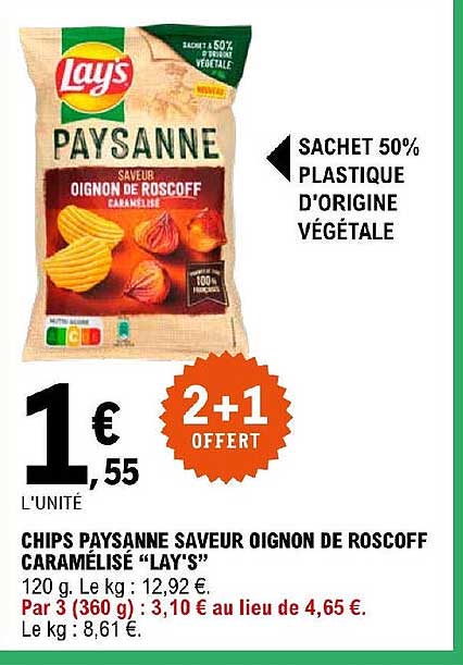 chips paysanne saveur oignon de roscoff caramélisé "lay's" 2+1 offert
