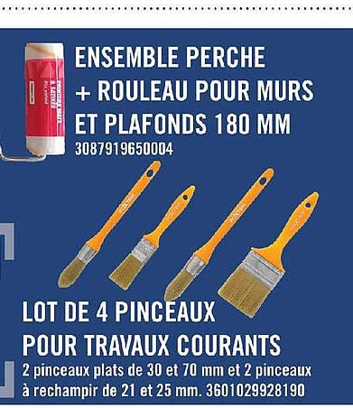 ensemble perche + rouleau pour murs et plafonds 180 mm, lot de 4 pinceaux pour travaux courants
