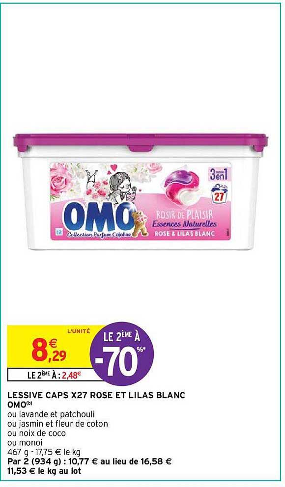 le 2éme à -70% lessive caps x27 rose et lilas blanc omo
