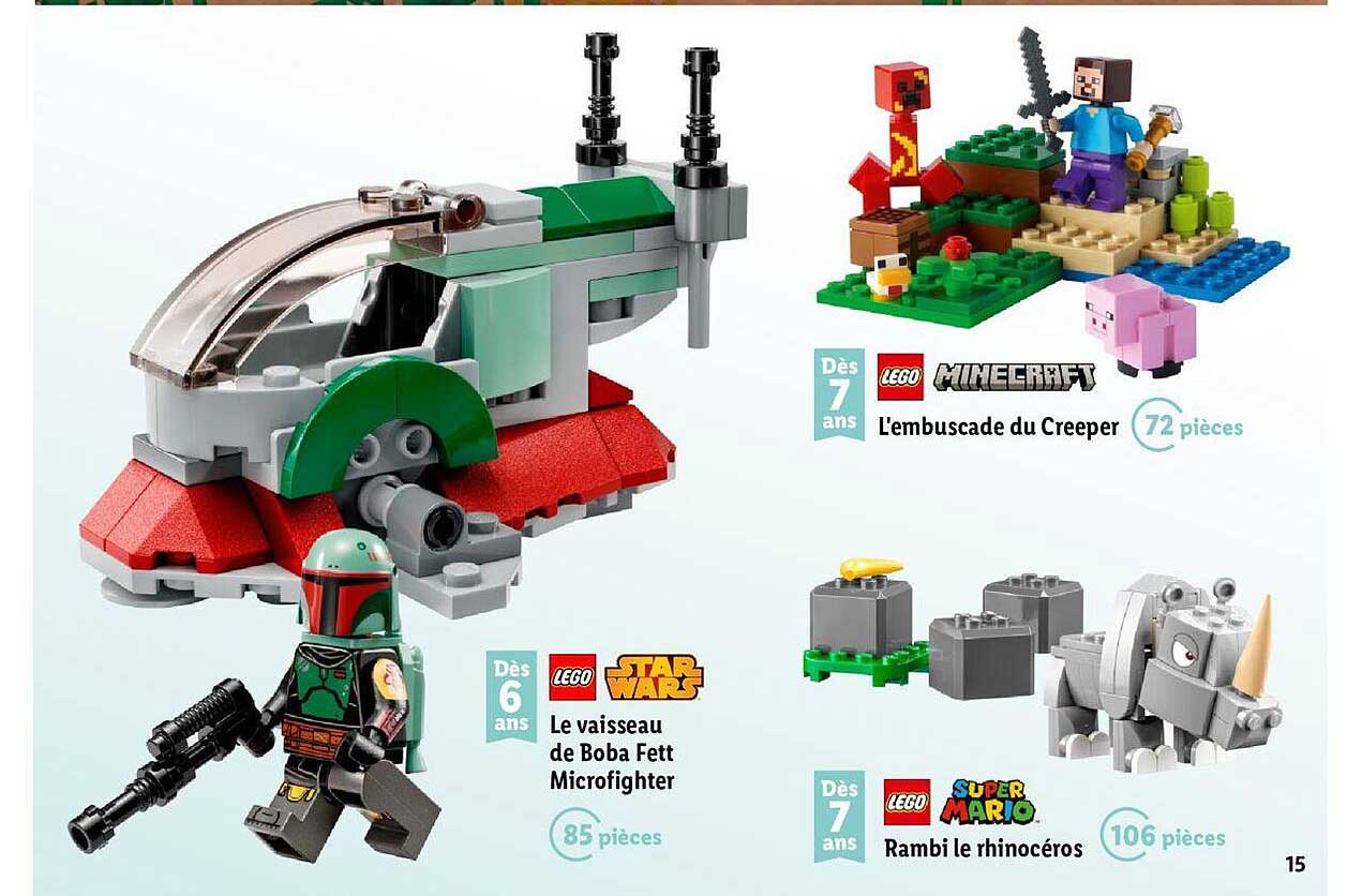 le vaisseau de boba fett microfighter lego star wars, l'embuscade du creeper lego minecraft, rambi le rhinocéros lego super mario