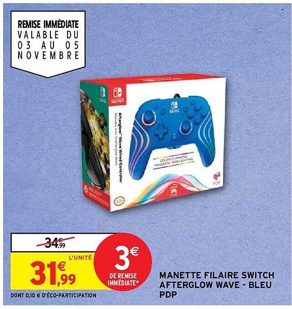 manette filaire switch afterglow wave - blue pdp