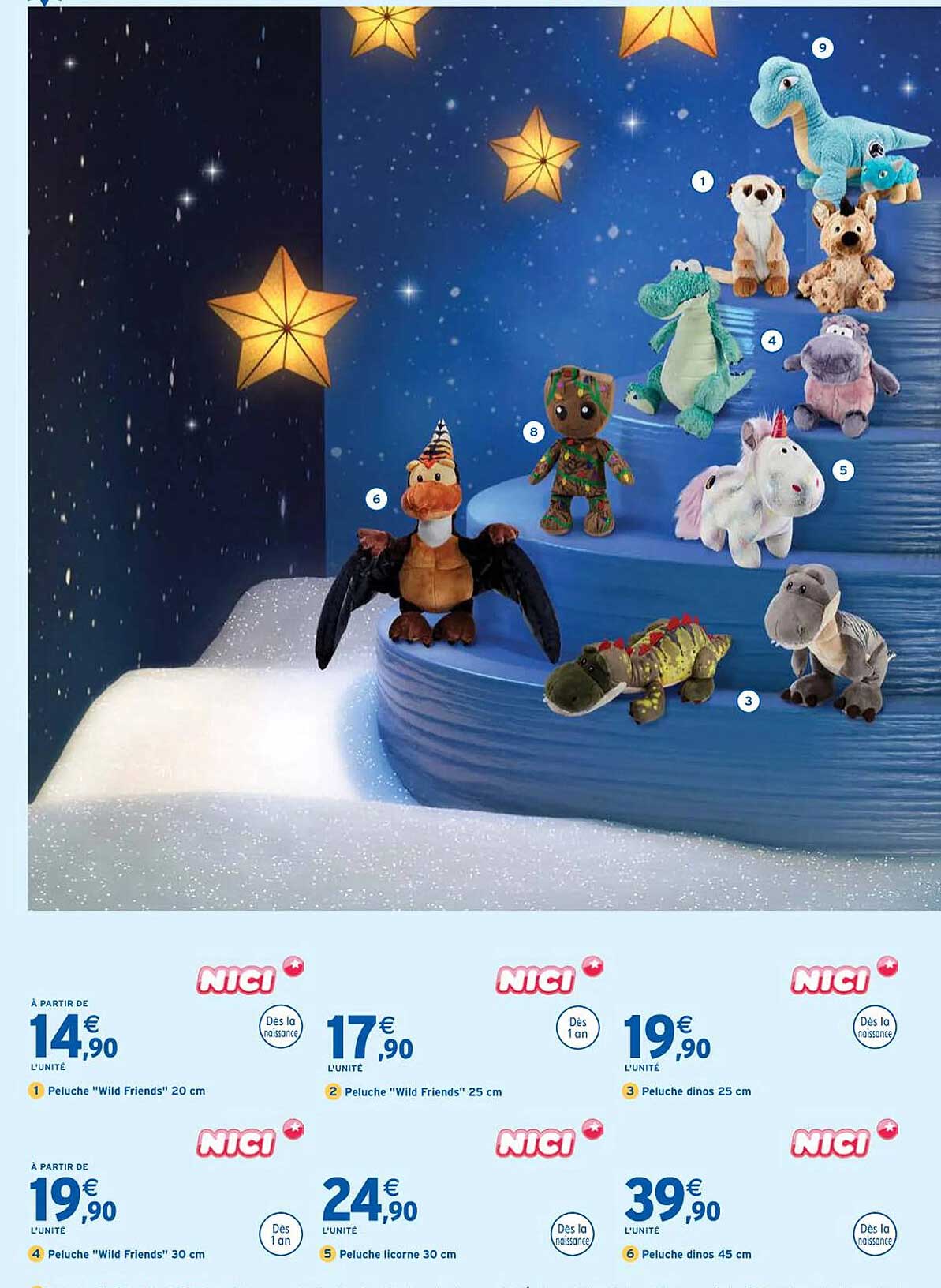 peluche "wild friends" 20 cm, peluche "wild friends" 25 cm, peluche dinos 25 cm, peluche "wild friends" 30 cm, peluche licorne 30 cm, peluche dinos 45 cm