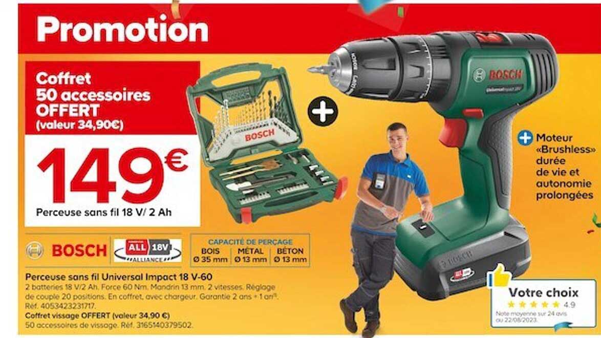 perceuse sans fil universal impact 18 v - 60 bosch, coffret vissage offert