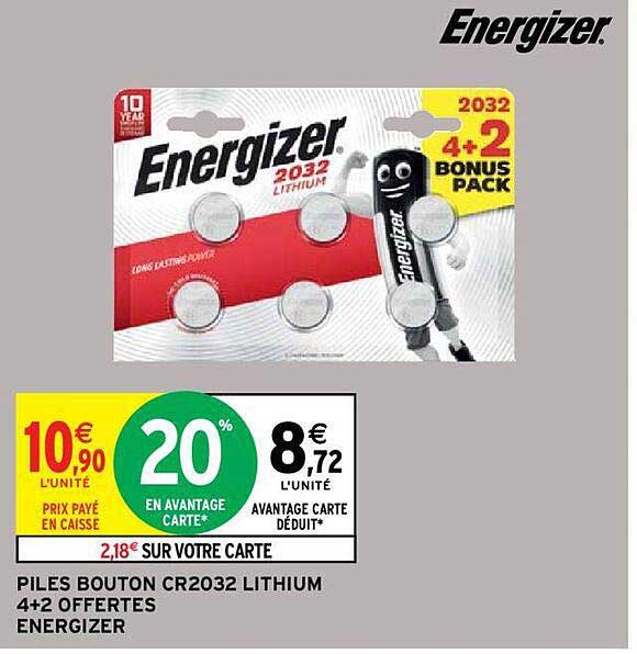 piles bouton cr2032 lithium 4+2 offertes energizer