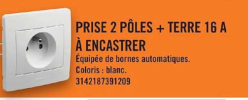 prise 2 pôles + terre 16 a à encastrer