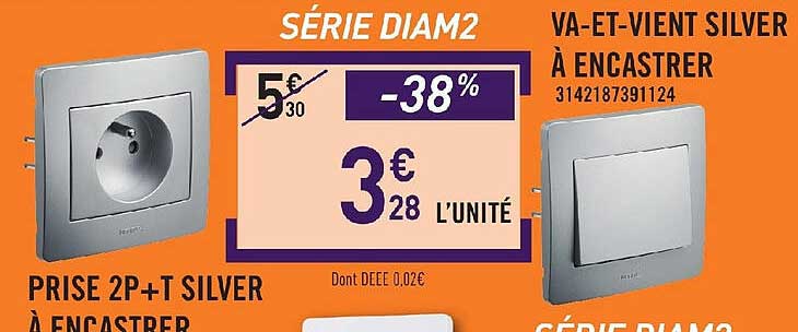 prise 2p+t silver à encastrer, va-et-vient silver à encastrer