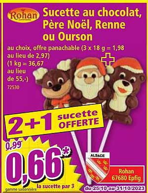 rohan sucette au chocolat, père noël, renne ou ourson