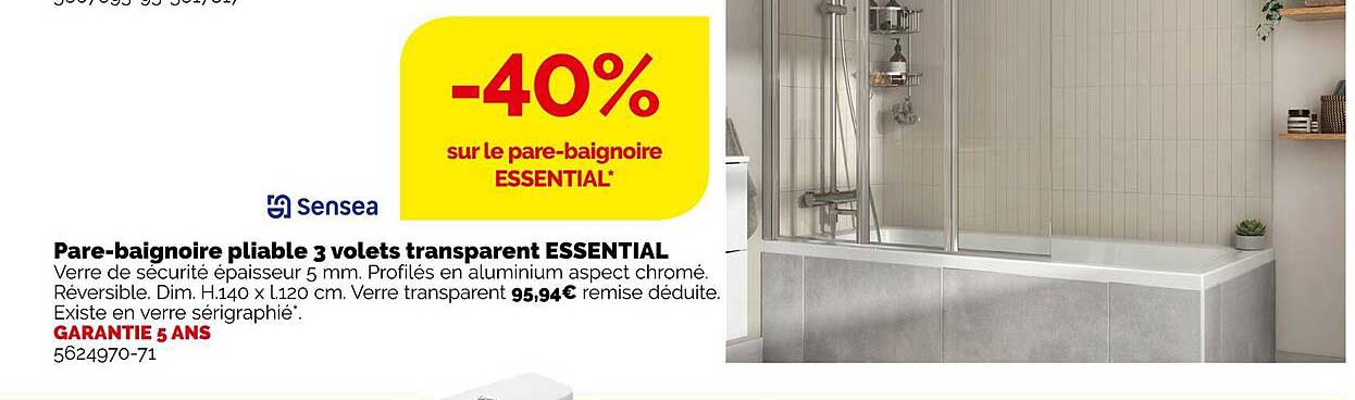 sensea pare-baignoire pliable 3 volets transparent essential
